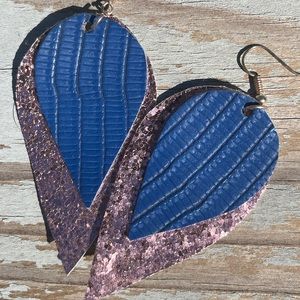 Teardrop Navy Leather Pink Shimmer Earrings